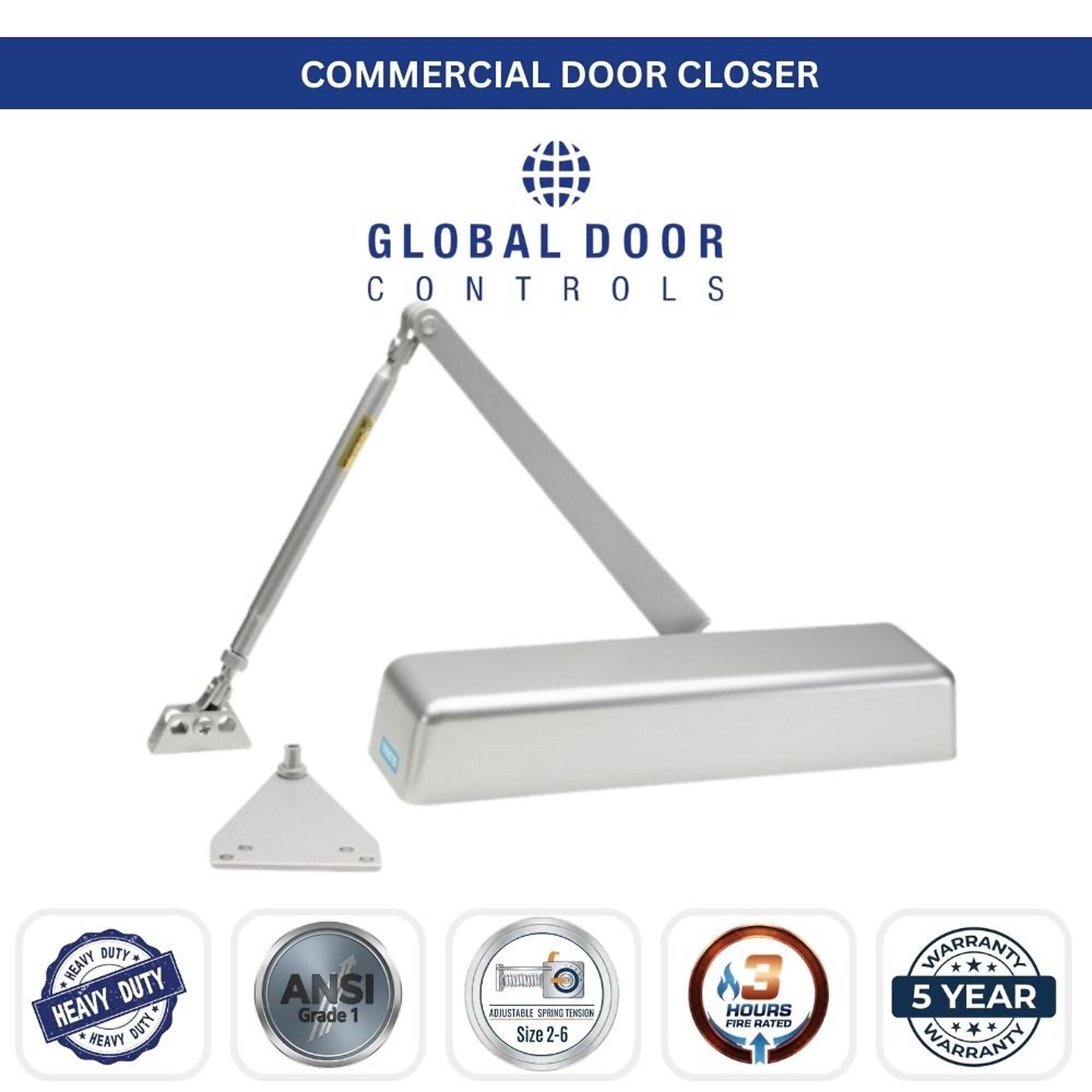 Global Door Controls, Heavy-Duty Commercial Grade 1 Door Closer in Aluminum with Adjustable Power - Sizes 1-6, #TC511-AL